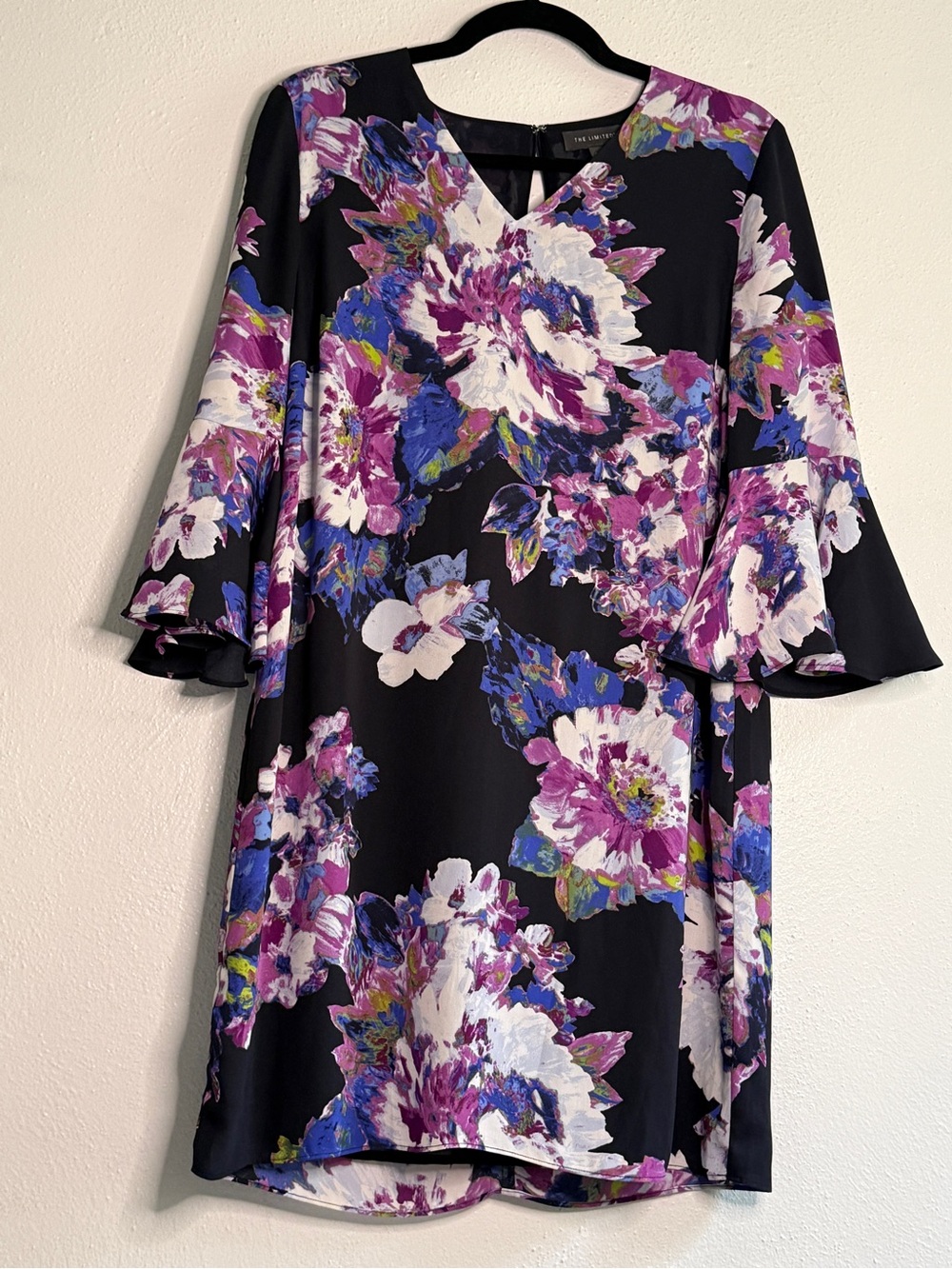 The Limited Floral V-Neck Shift Dress in Black and Purple. Sz 8P.